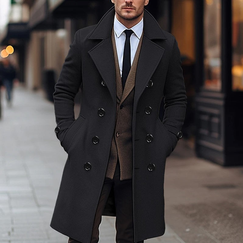 Fall Winter Men Woolen Coat Double Breasted Long Black