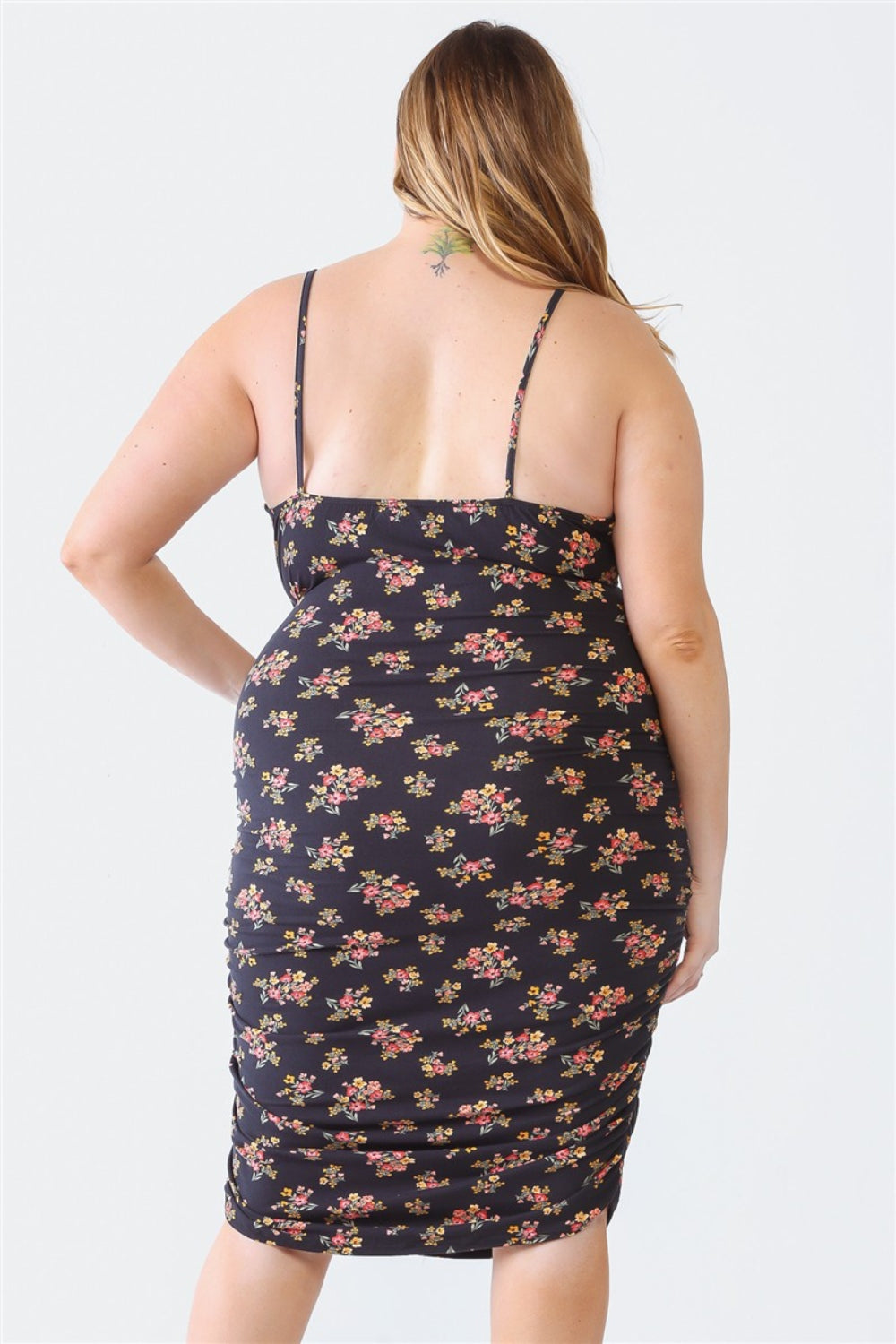 Blue Leopard Plus Size Ruched Floral Square Neck Cami Dress Black