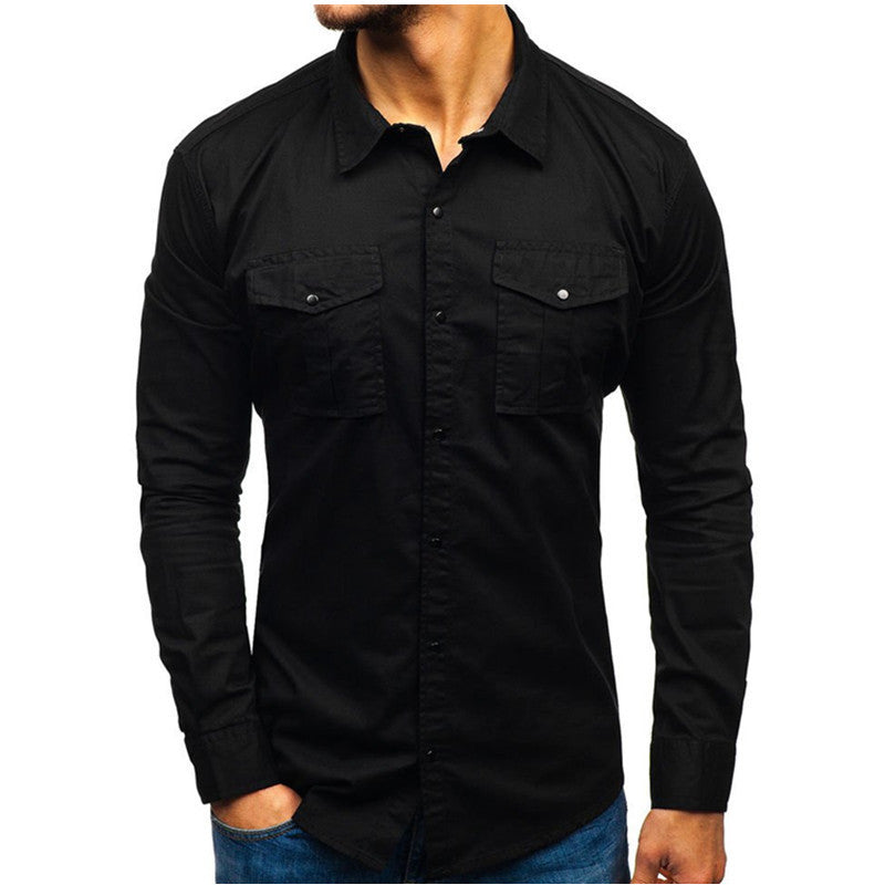 Long Sleeve Blouse Man Cotton Shirt Black