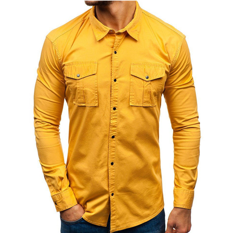 Long Sleeve Blouse Man Cotton Shirt Yellow