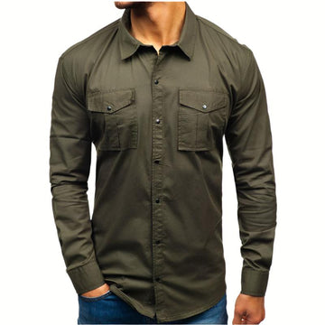 Long Sleeve Blouse Man Cotton Shirt Army Green