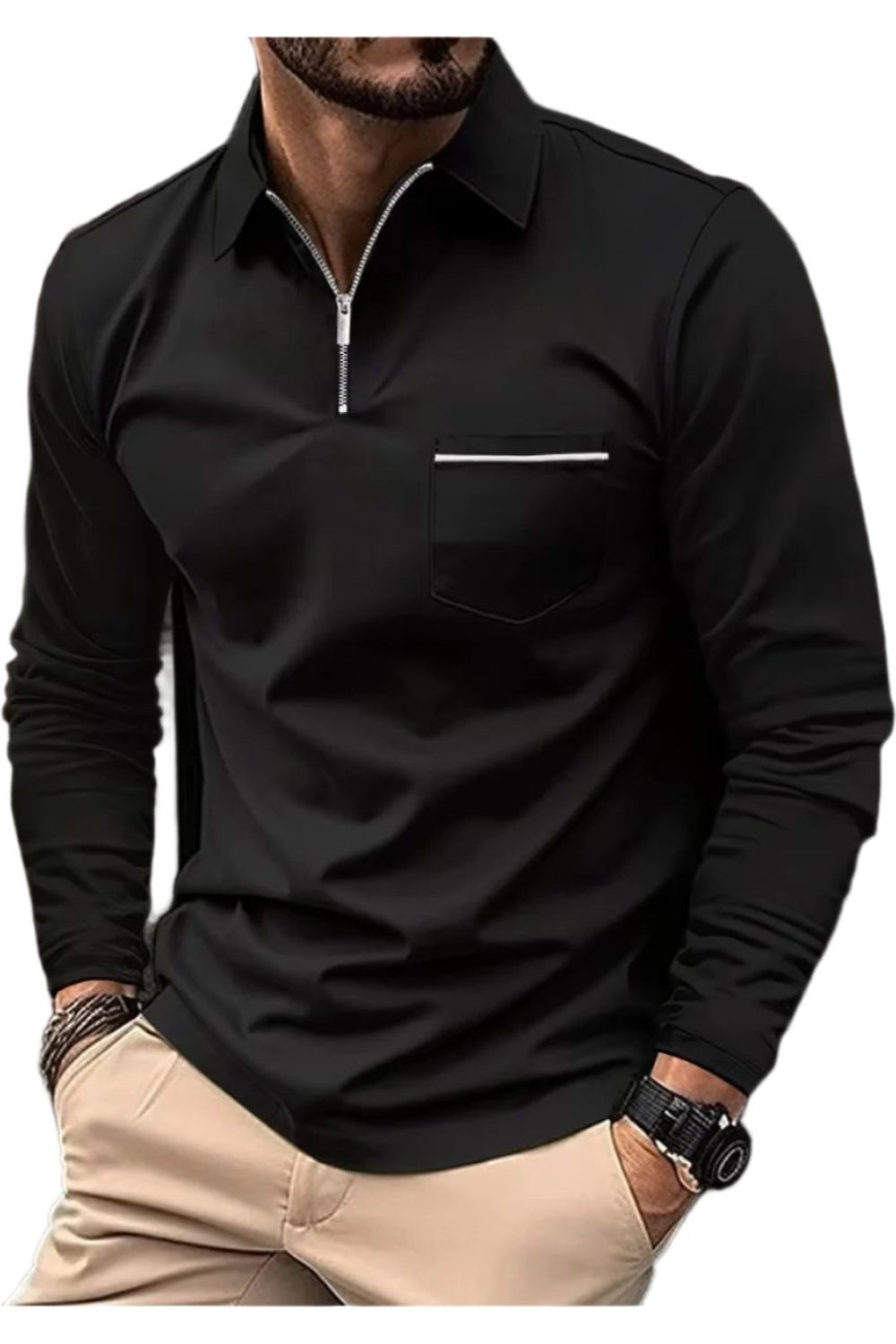 Polo Shirt Zipper Men's Long Sleeve Polo Shirt Black