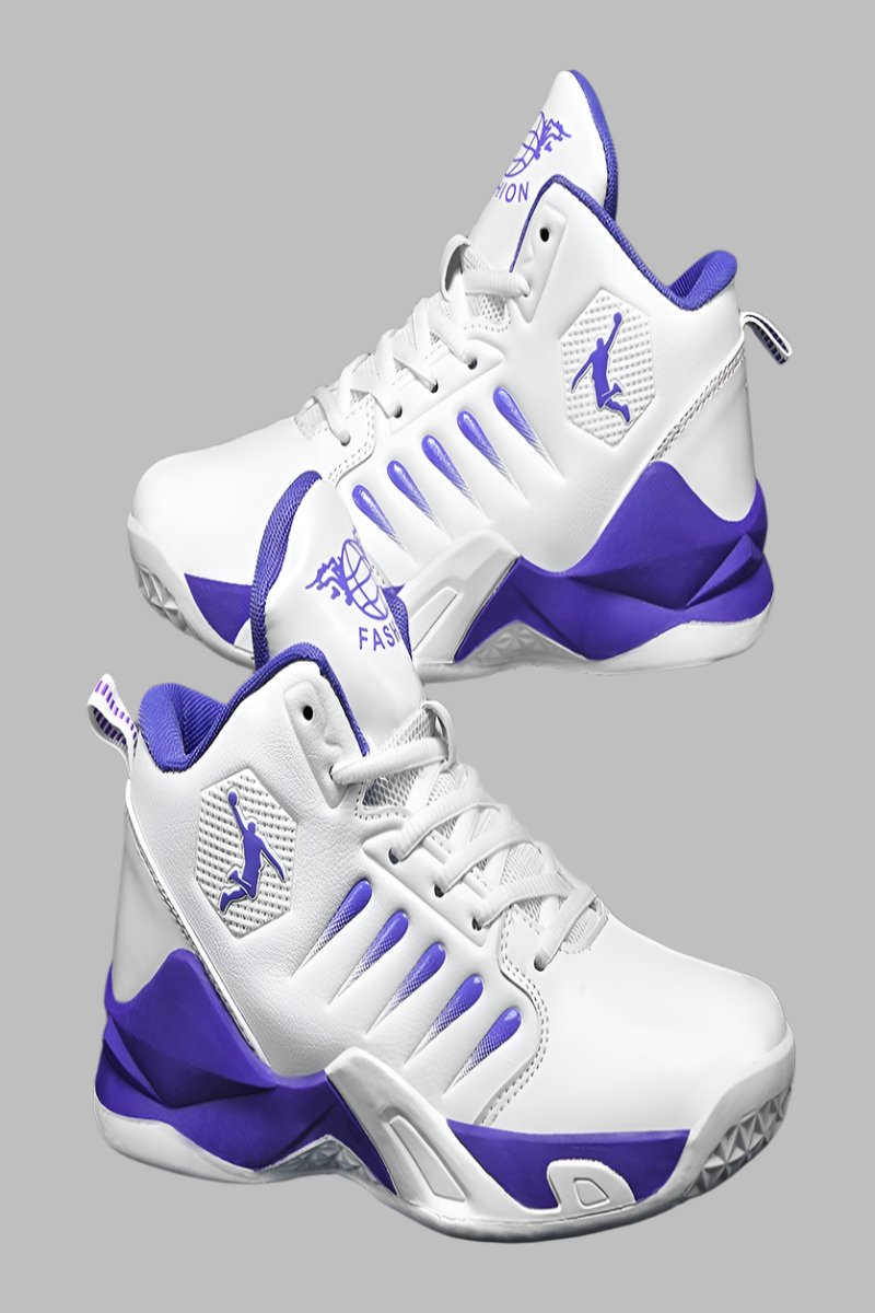 Basketball shoes for men with friction, sound, anti slip, wear-resistant, high top sports shoes for students, venom, and practic white purple