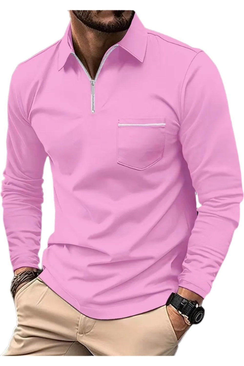 Polo Shirt Zipper Men's Long Sleeve Polo Shirt Pink