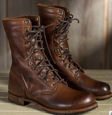 Motorcycle Boots Women Men Retro Lace-Up Combat Boot Low Heel Shoes Brown Mens Size48