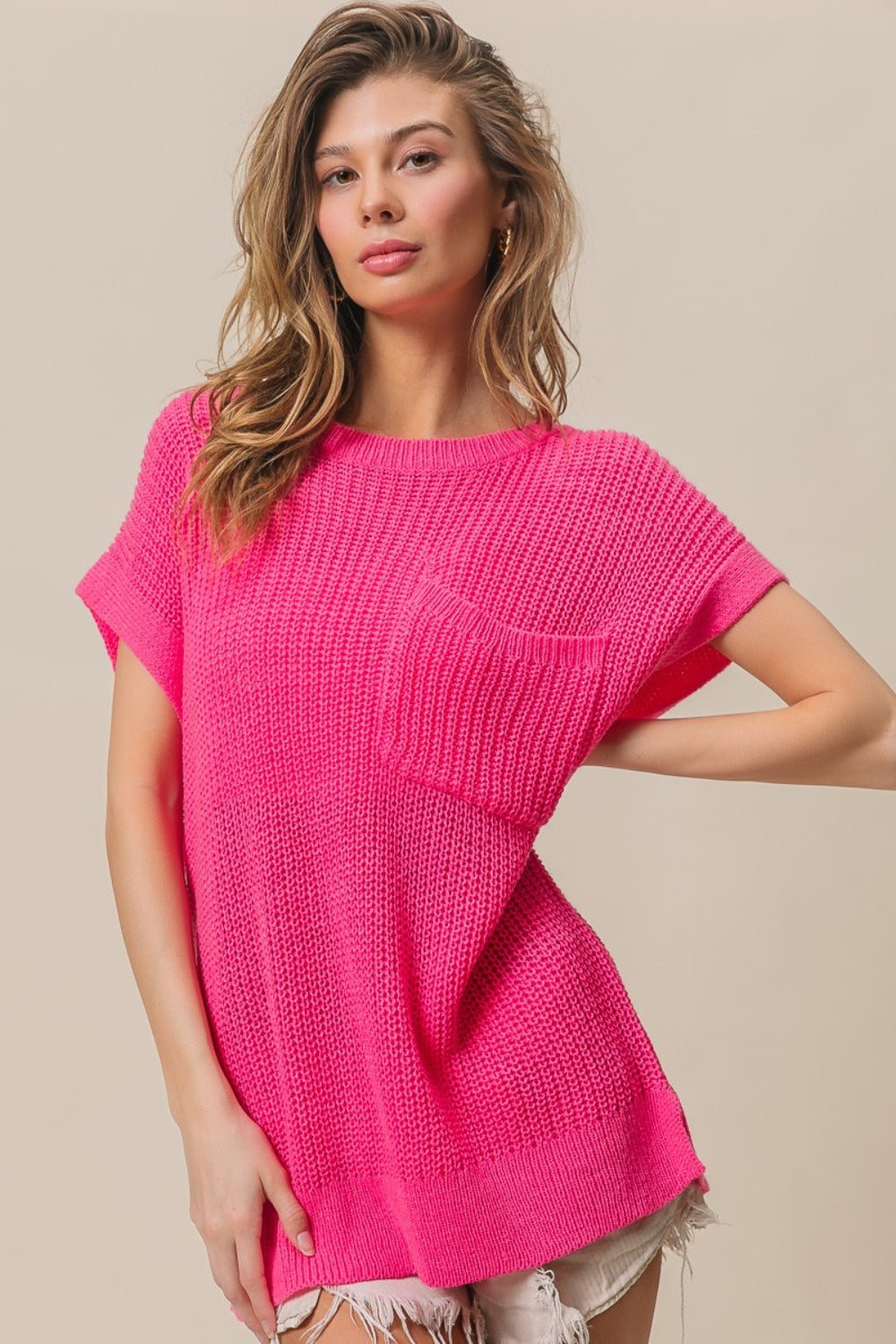 BiBi Patch Pocket Short Sleeve Sweater Fuchsia