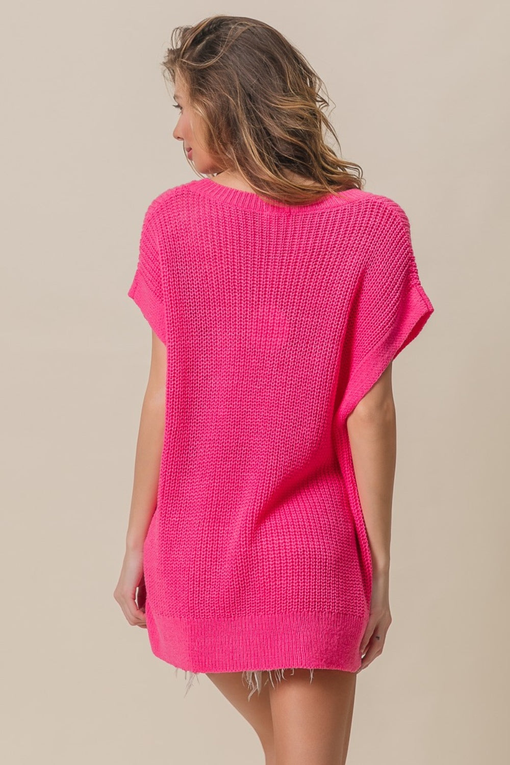 BiBi Patch Pocket Short Sleeve Sweater Fuchsia