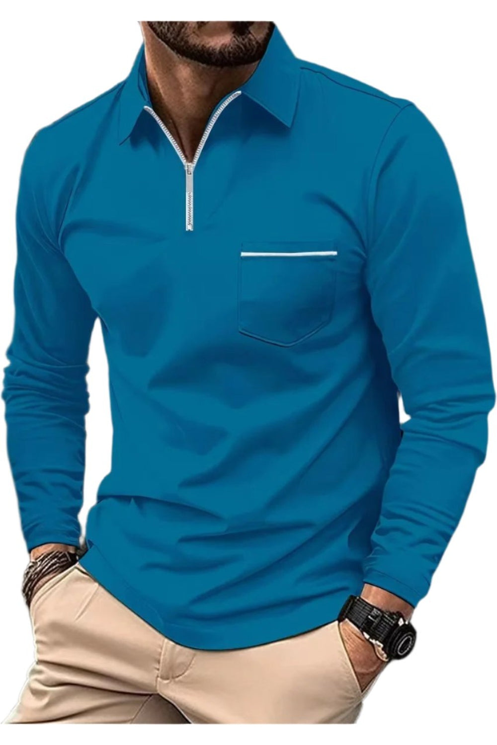 Polo Shirt Zipper Men's Long Sleeve Polo Shirt Sapphire Blue