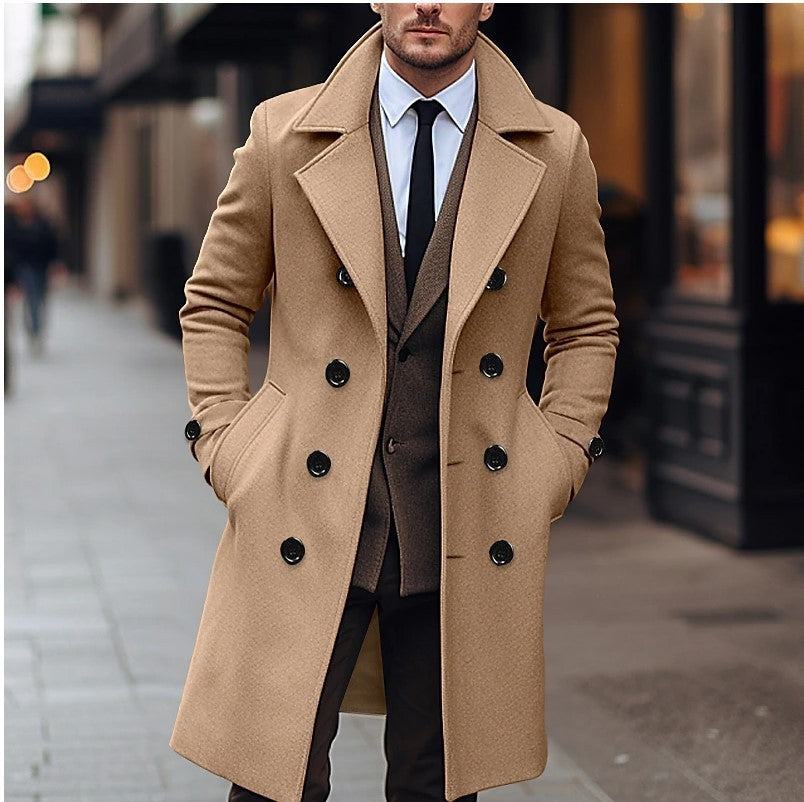 Fall Winter Men Woolen Coat Double Breasted Long Khaki