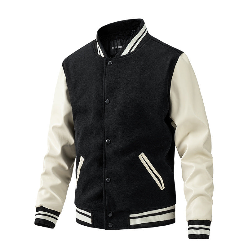 Men's Spring and Autumn New Baseball Collar Jacket with Color blocked Cotton and Large Size Woolen Jacket for Men Black and White