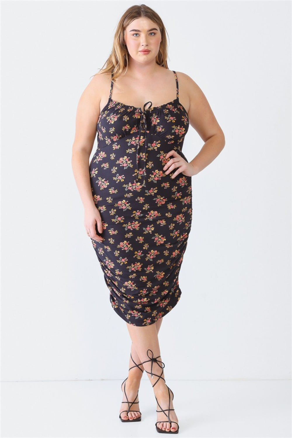 Blue Leopard Plus Size Ruched Floral Square Neck Cami Dress Black