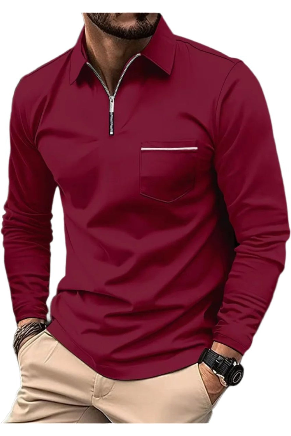 Polo Shirt Zipper Men's Long Sleeve Polo Shirt Wine Red