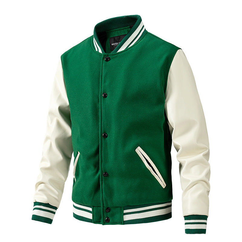 Men's Spring and Autumn New Baseball Collar Jacket with Color blocked Cotton and Large Size Woolen Jacket for Men Green