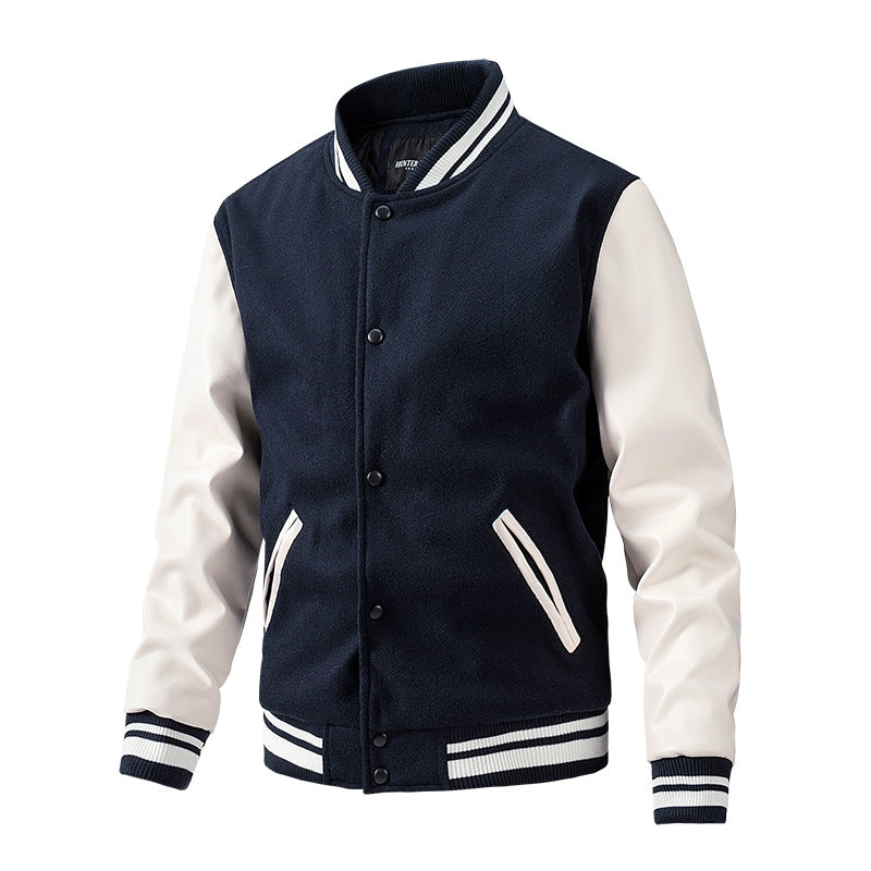 Men's Spring and Autumn New Baseball Collar Jacket with Color blocked Cotton and Large Size Woolen Jacket for Men Black and White