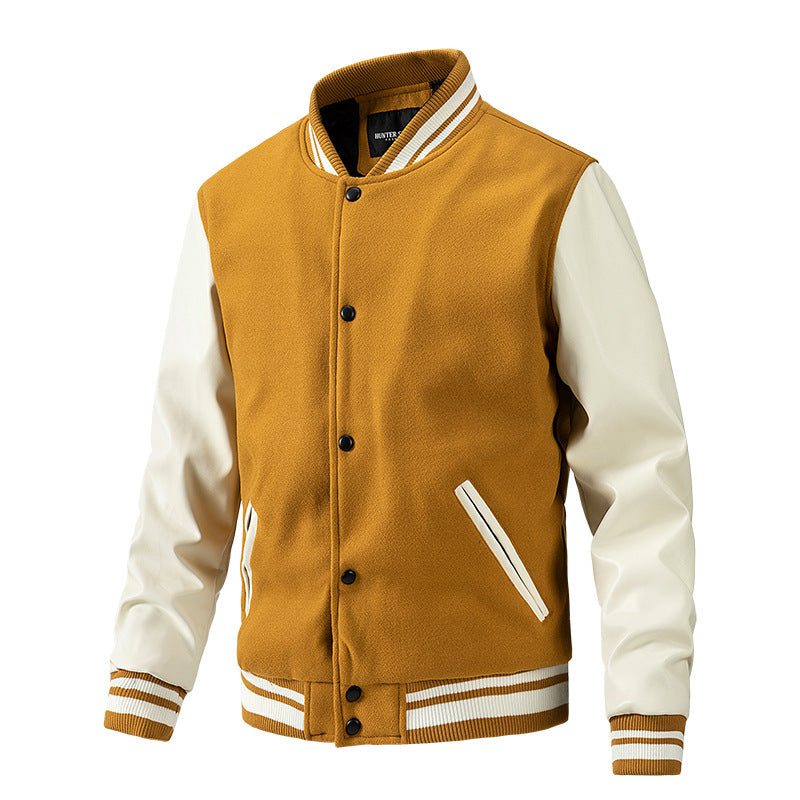 Men's Spring and Autumn New Baseball Collar Jacket with Color blocked Cotton and Large Size Woolen Jacket for Men Orange