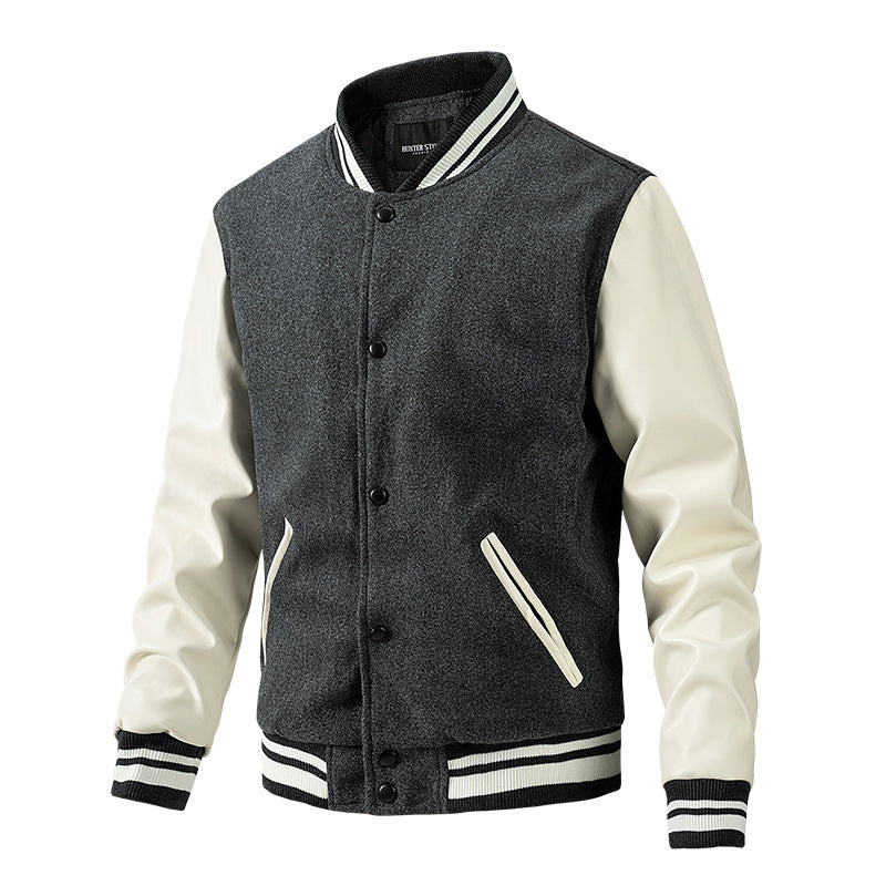 Men's Spring and Autumn New Baseball Collar Jacket with Color blocked Cotton and Large Size Woolen Jacket for Men Grey