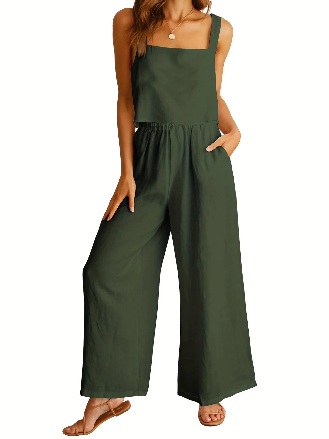 Womens Summer 2 Piece Outfits Sleeveless Tank Top Wide Leg Pants Linen Jumpsuits Lounge Matching Beach Sets army green