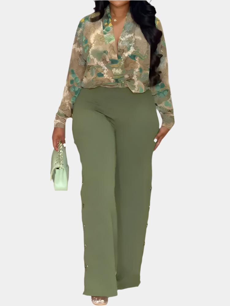 Znaiml Elegant Women's Pants Set Long Sleeve Print Shirt and Wide Leg Pant