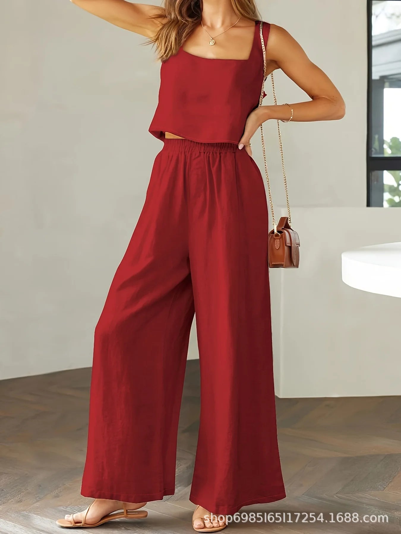 Womens Summer 2 Piece Outfits Sleeveless Tank Top Wide Leg Pants Linen Jumpsuits Lounge Matching Beach Sets