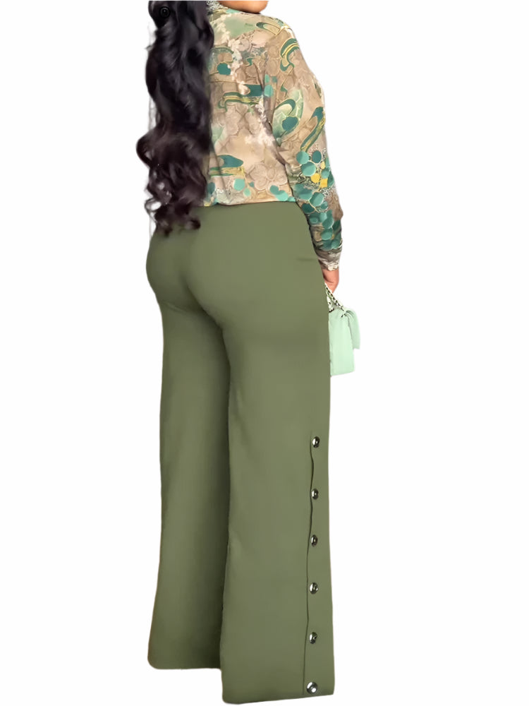 Znaiml Elegant Women's Pants Set Long Sleeve Print Shirt and Wide Leg Pant