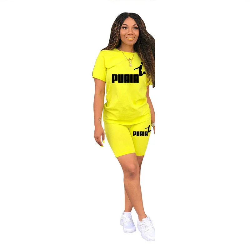 Women Short Set Two Piece Set Sportswear T-Shirts and Shorts Ladies Casual O-Neck Pullover Yellow