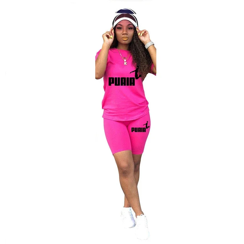 Women Short Set Two Piece Set Sportswear T-Shirts and Shorts Ladies Casual O-Neck Pullover Rose