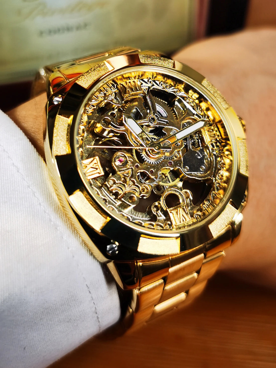 Forsining Square Gold Skeleton Automatic Men Watch Engraved Movement Luminous Hands Mechanical Watches Luxury Stainless Steel