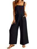 Womens Summer 2 Piece Outfits Sleeveless Tank Top Wide Leg Pants Linen Jumpsuits Lounge Matching Beach Sets black