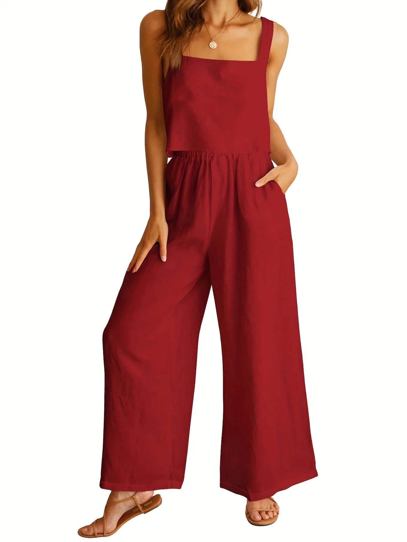 Womens Summer 2 Piece Outfits Sleeveless Tank Top Wide Leg Pants Linen Jumpsuits Lounge Matching Beach Sets Red