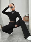 Women'S Stand Collar Knit Striped Long Sleeve T-Shirt And Pants Two Piece Set