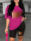 Women's Casual Loose Short Sleeved Two-piece Set Graphic Tshirt Fuchsia