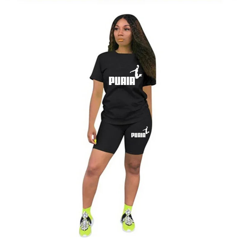 Women Short Set Two Piece Set Sportswear T-Shirts and Shorts Ladies Casual O-Neck Pullover Black