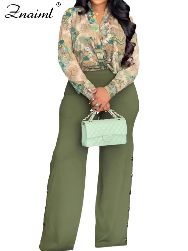 Znaiml Elegant Women's Pants Set Long Sleeve Print Shirt and Wide Leg Pant green sets