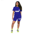 Women Short Set Two Piece Set Sportswear T-Shirts and Shorts Ladies Casual O-Neck Pullover Blue