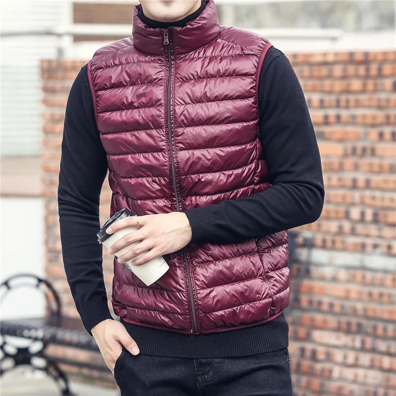 Autumn Winter Men Duck Down Vest 2023 Coat Ultralight Sleeveless Puffer Vest Jacket Ultra Thin Lightweight Down Jacket Waistcoat Burgundy