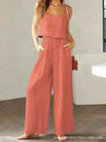 Womens Summer 2 Piece Outfits Sleeveless Tank Top Wide Leg Pants Linen Jumpsuits Lounge Matching Beach Sets