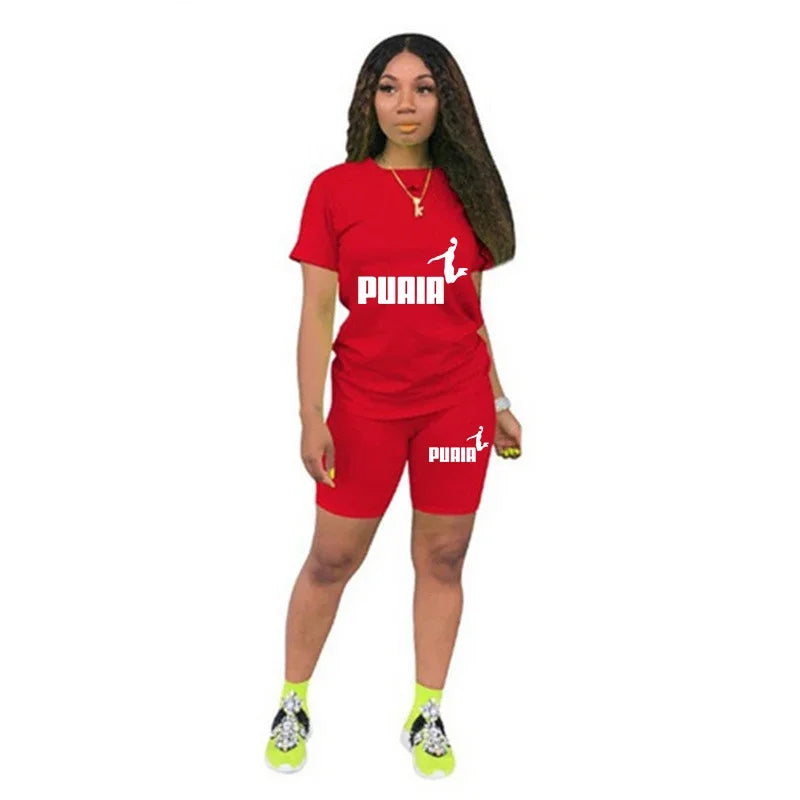 Women Short Set Two Piece Set Sportswear T-Shirts and Shorts Ladies Casual O-Neck Pullover Red