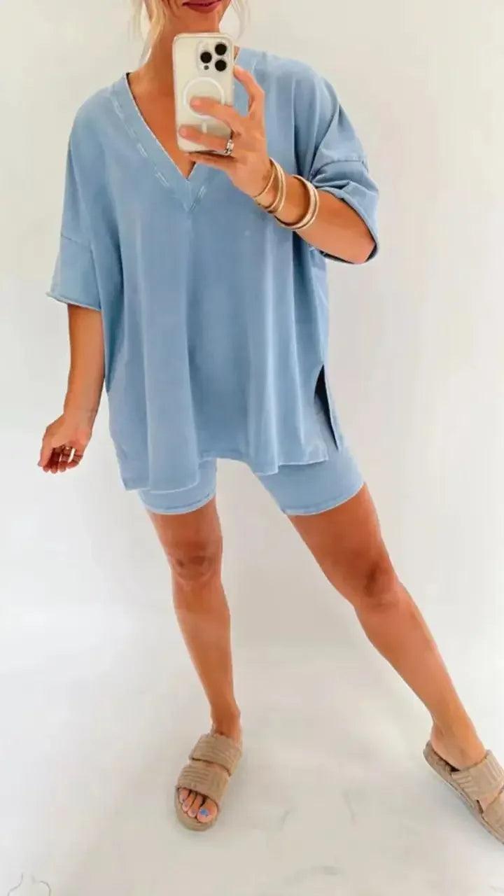 Women Suit Loose Oversize V-neck Top Shorts Pants 2 Piece Sets blue