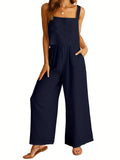 Womens Summer 2 Piece Outfits Sleeveless Tank Top Wide Leg Pants Linen Jumpsuits Lounge Matching Beach Sets Navy Blue