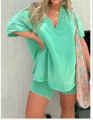 Women Suit Loose Oversize V-neck Top Shorts Pants 2 Piece Sets aqua