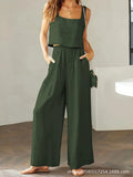 Womens Summer 2 Piece Outfits Sleeveless Tank Top Wide Leg Pants Linen Jumpsuits Lounge Matching Beach Sets