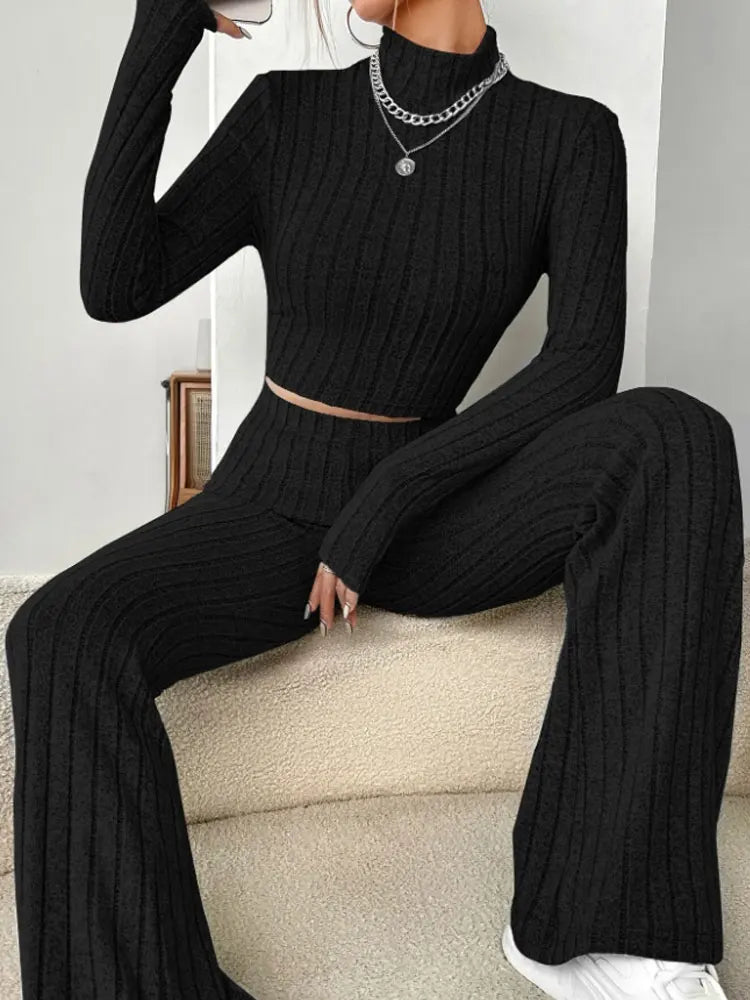 Women'S Stand Collar Knit Striped Long Sleeve T-Shirt And Pants Two Piece Set Black