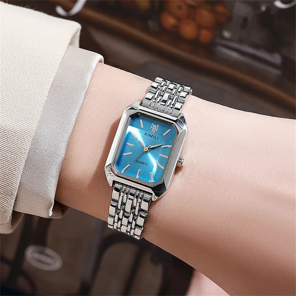 YIKAZE Luxury Women Watch Fashion Stainless Steel Ladies Business Watches Classic Square Quartz Watch Female Student Wristwatch Silver-blue