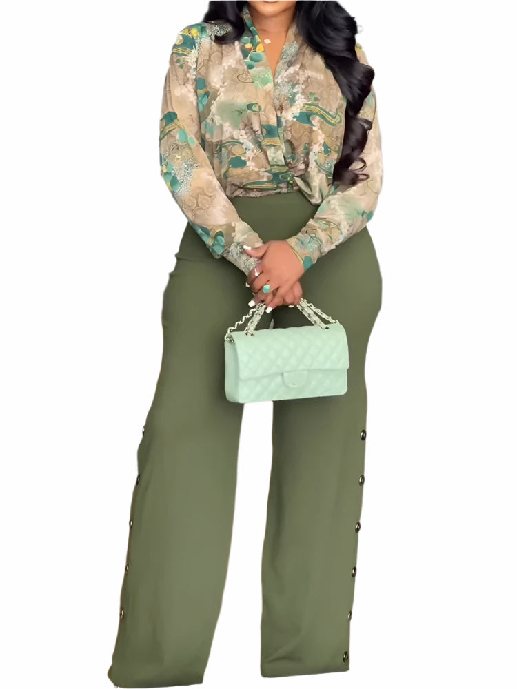 Znaiml Elegant Women's Pants Set Long Sleeve Print Shirt and Wide Leg Pant