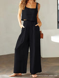 Womens Summer 2 Piece Outfits Sleeveless Tank Top Wide Leg Pants Linen Jumpsuits Lounge Matching Beach Sets