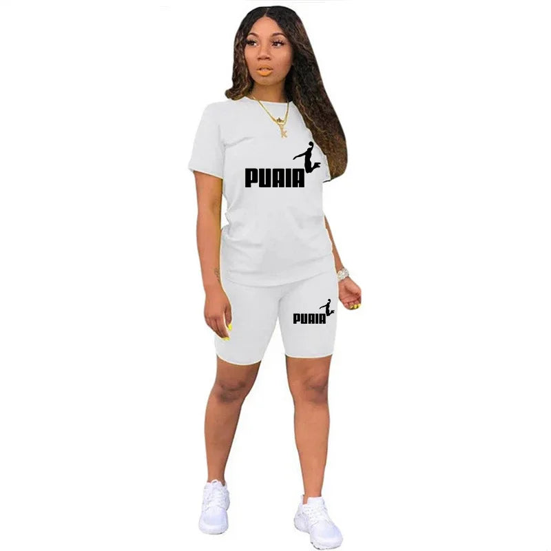 Women Short Set Two Piece Set Sportswear T-Shirts and Shorts Ladies Casual O-Neck Pullover White