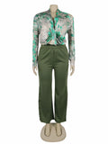 Znaiml Elegant Women's Pants Set Long Sleeve Print Shirt and Wide Leg Pant