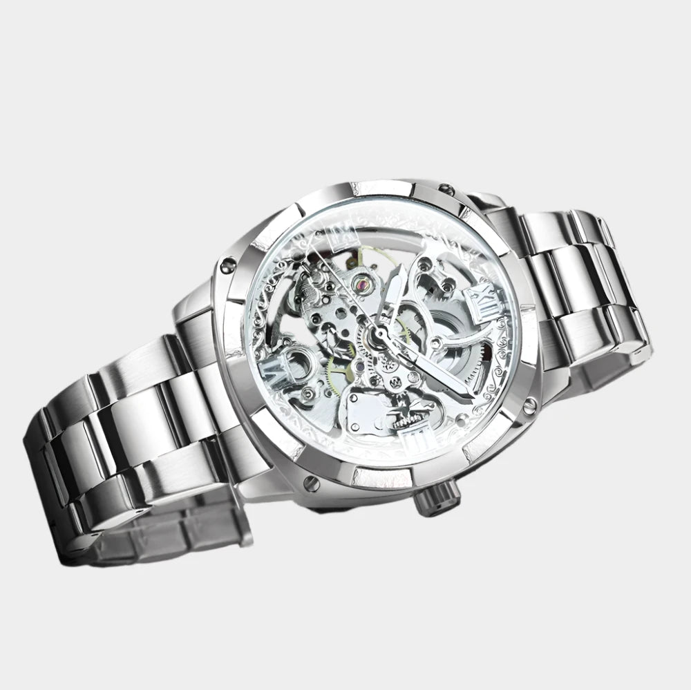 Forsining Square Gold Skeleton Automatic Men Watch Engraved Movement Luminous Hands Mechanical Watches Luxury Stainless Steel