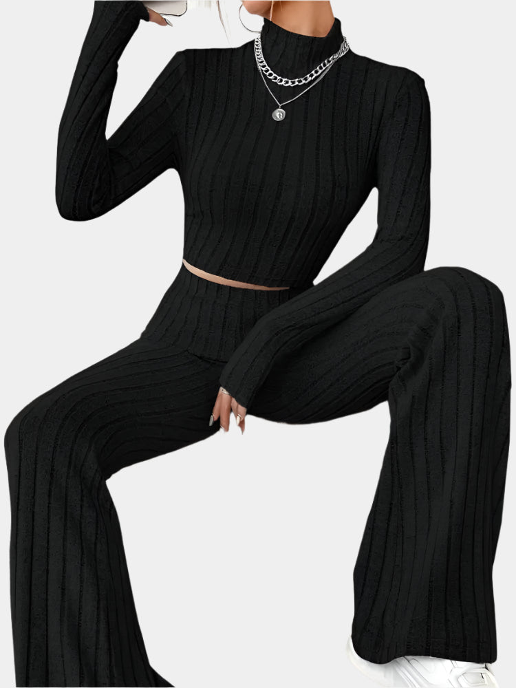 Women'S Stand Collar Knit Striped Long Sleeve T-Shirt And Pants Two Piece Set