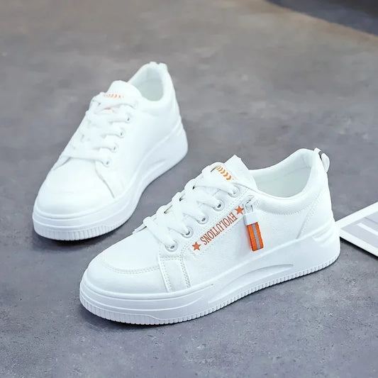 2024 Spring Festival New White Sports Shoes Women's Casual Flat Shoes Low-top Vulcanized Shoes Side Zipper Style Sneakers Orange